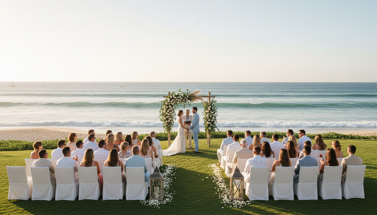 Wide-angle view of guests gathered around a simple seaside wedding ceremony.