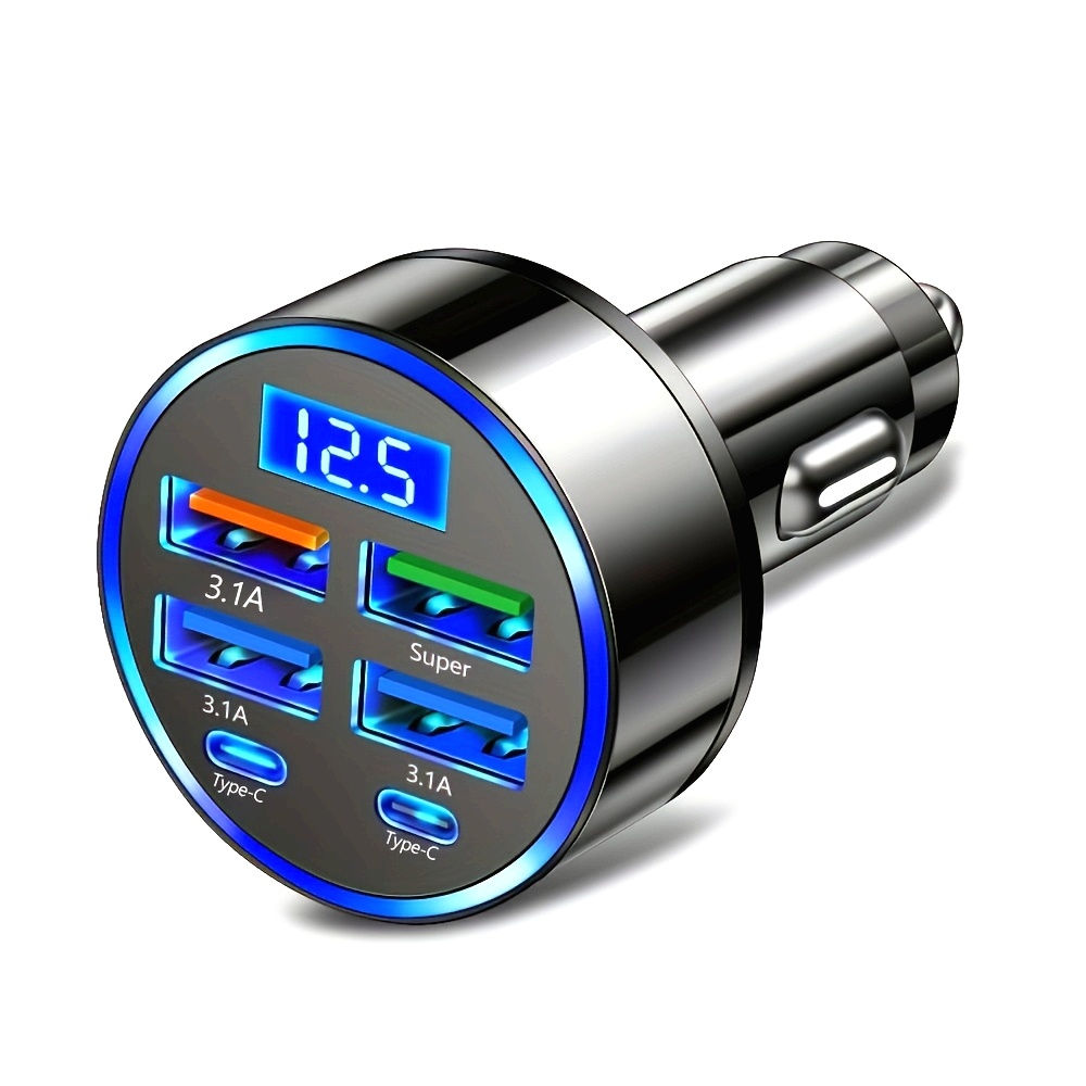 6-in-1 Fast Charging Car Adapter 3.1A Dual Type-C Digital Display Smartphones Ta