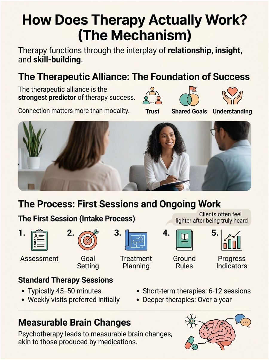 How does therapy actually work? Therapy works by combining a safe, nonjudgmental relationship with scientifically backed techniques to update unhelpful habits. Through guided conversations, you learn to identify root issues, unpack complicated feelings, and physically "rewire" your brain's stress and threat responses over time.The process functions through several distinct mechanisms:1. The Power of the "Therapeutic Alliance"Unlike venting to friends or family (who might judge, offer unwanted advice, or have their own emotional stakes), a therapist provides complete objectivity and a strictly confidential sounding board. This specific, trusting relationship allows you to explore vulnerabilities safely and examine truths that people in your everyday life might be unwilling to point out. 2. Neuroplasticity and RewiringScience shows that therapy physically changes the brain. As you learn to control emotions and reframe thoughts, the brain's rational prefrontal cortex strengthens its connections to the amygdala (the part that processes fear and threat). Therapy provides "corrective emotional experiences," allowing you to literally update old, unconscious neural pathways built on past experiences.3. Deconstructing Thoughts & BehaviorsDifferent therapies tackle this in various ways:Cognitive Behavioral Therapy (CBT): Focuses on recognizing negative thought patterns and actively changing how they impact your behaviors.Psychodynamic Therapy: Explores how unconscious habits and past experiences shape your current reactions so you can separate from them.4. The Collaborative "Homework"Therapy is not a passive experience where you sit back and get "fixed." It acts as a problem-solving workshop. Progress relies on actively doing the work: practicing the coping skills (like grounding techniques or challenging cognitive distortions) in your daily life, and pushing your comfort zone between sessions. 5. Incremental ProgressGrowth is steady and gradual. You rarely have one massive "lightbulb" moment; rather, it’s about accumulating new skills and self-awareness to better handle whatever challenges arise in the future