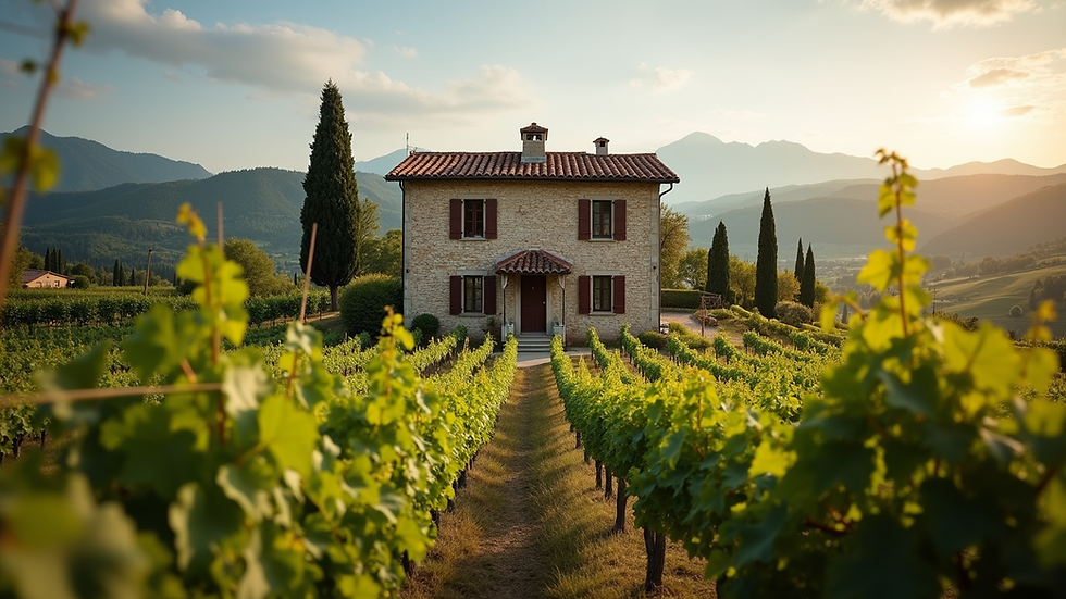 Eye-level view of a rustic stone house surrounded by vineyards in Monferrato