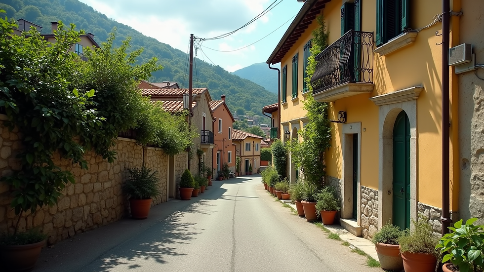 Wide angle view of a peaceful village street in Liguria’s inland hills