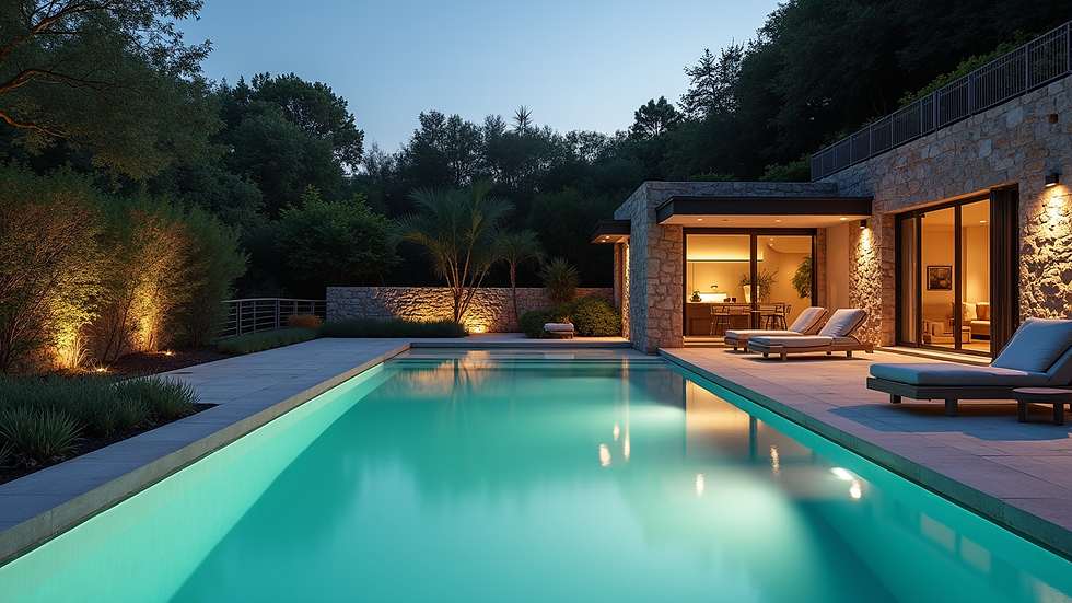 Vue rapprochée d'une piscine creusée avec margelles en pierre et éclairage extérieur