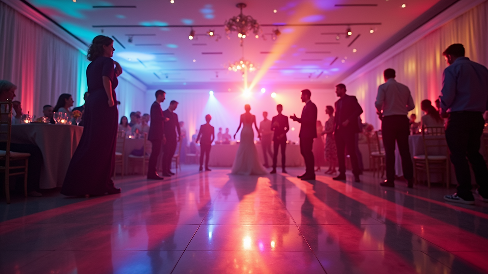 High angle view of a wedding reception dance floor with colorful lighting