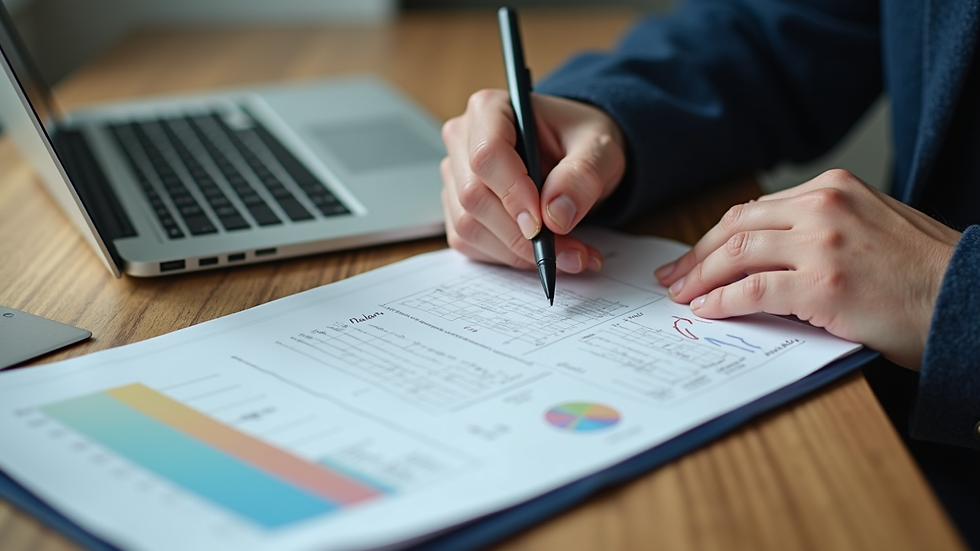 High angle view of a person planning finances with laptop and notes