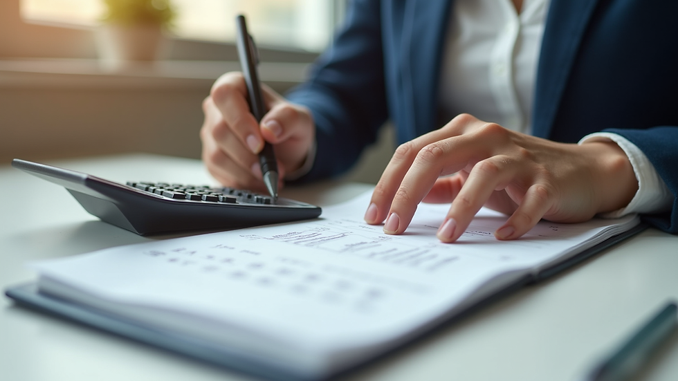 Eye-level view of a person calculating monthly budget with a notebook and calculator