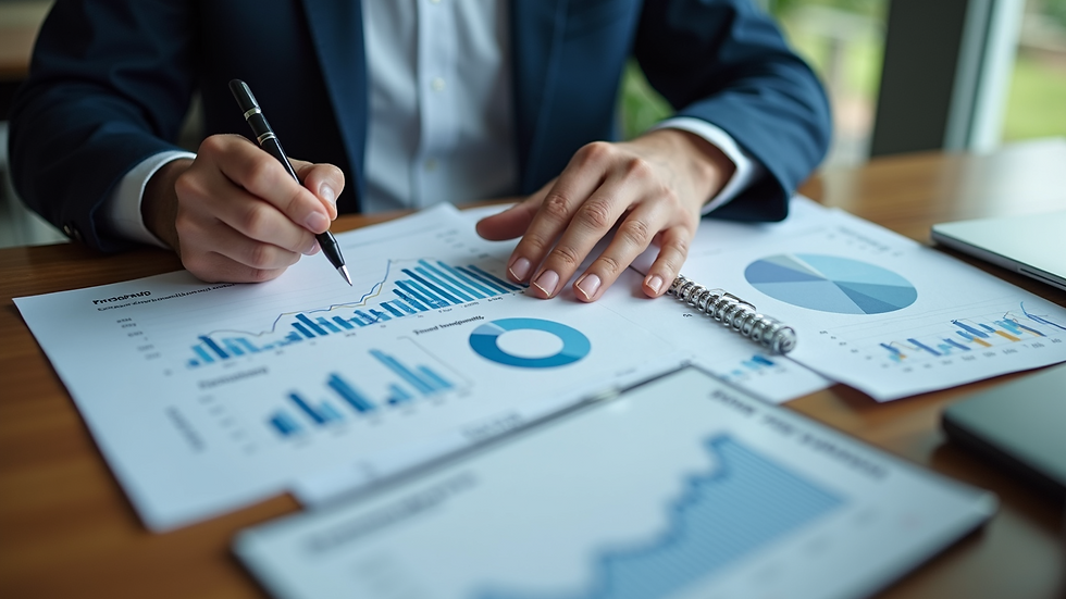 High angle view of a person reviewing financial documents and charts