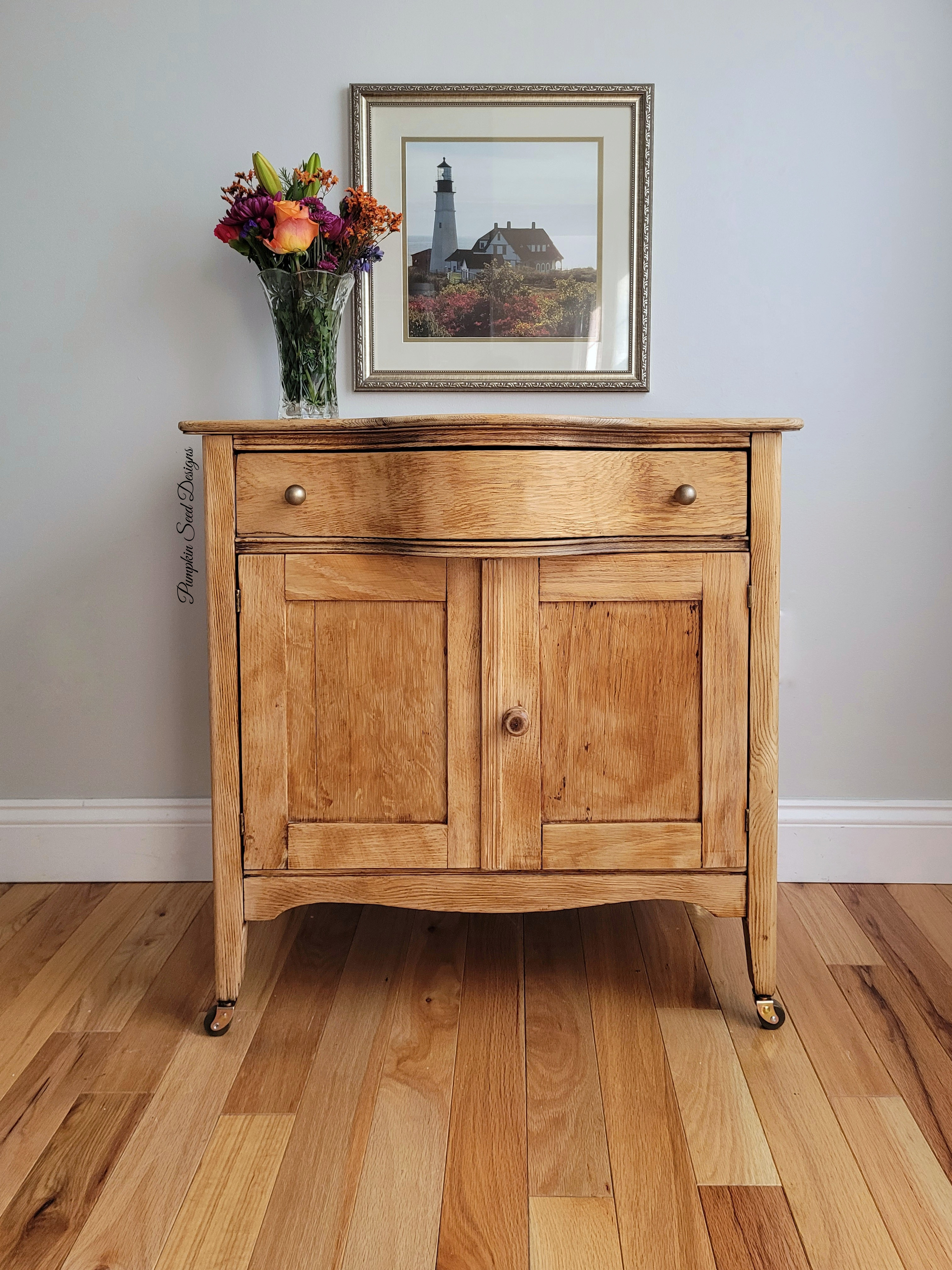 [CONTACT TO PURCHASE] Serpentine Antique Oak Washstand Cabinet 