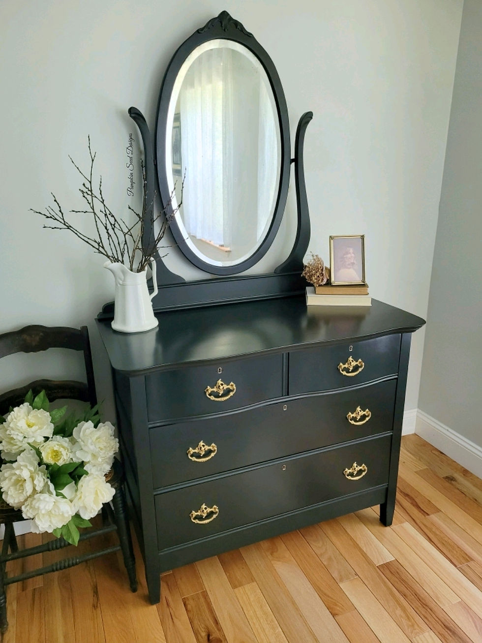 Thumbnail: 4-Drawer Black Serpentine Dresser 