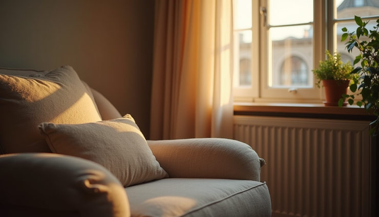 Close-up van een rustige hoek met zachte verlichting en een comfortabele stoel