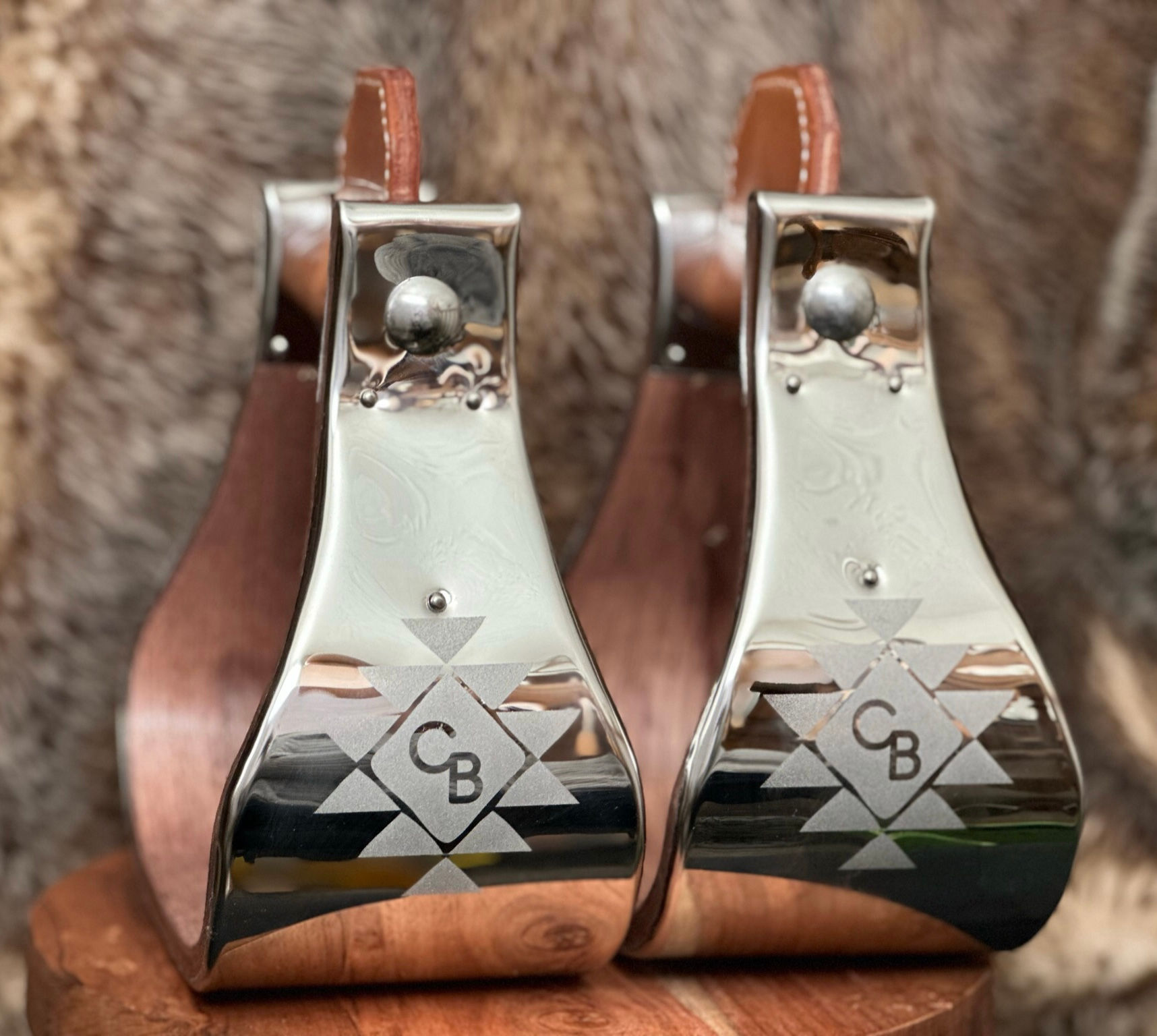 4” bell stirrups with Aztec pattern and custom brand or initials