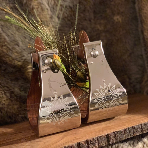 4” Bell Stirrups with Sunflower Pattern H Bar Saddlery