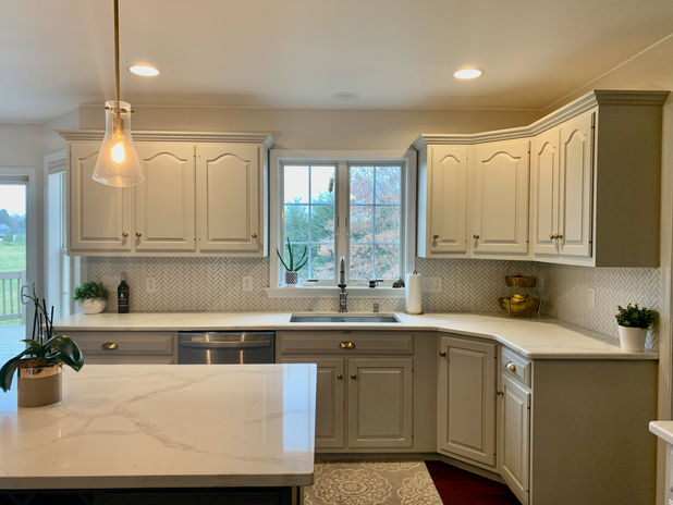 Off white kitchen cabinet with grey island, Berks County, PA