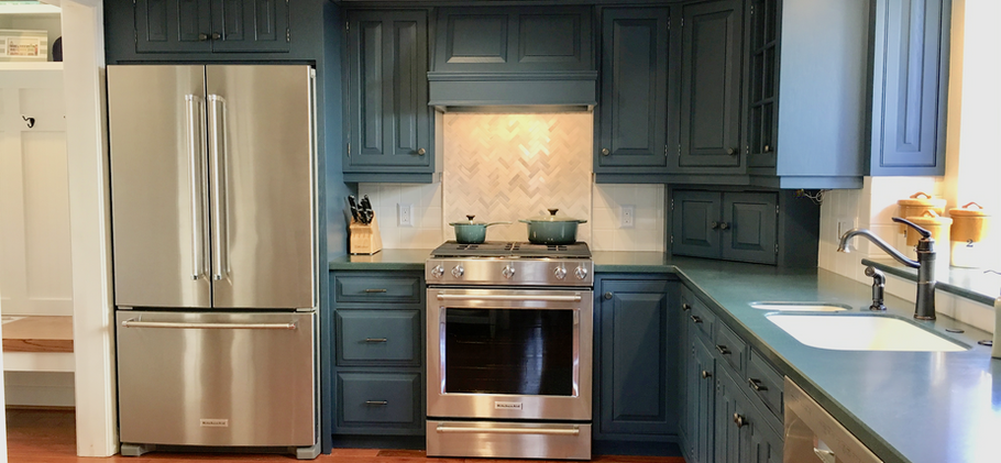 Blue painted kitchen cabinets