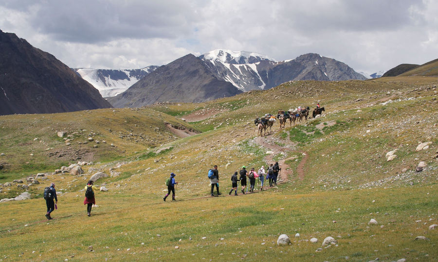Trekking group and pack horses crossing a green valley below the Altai Tavan Bogd peaks