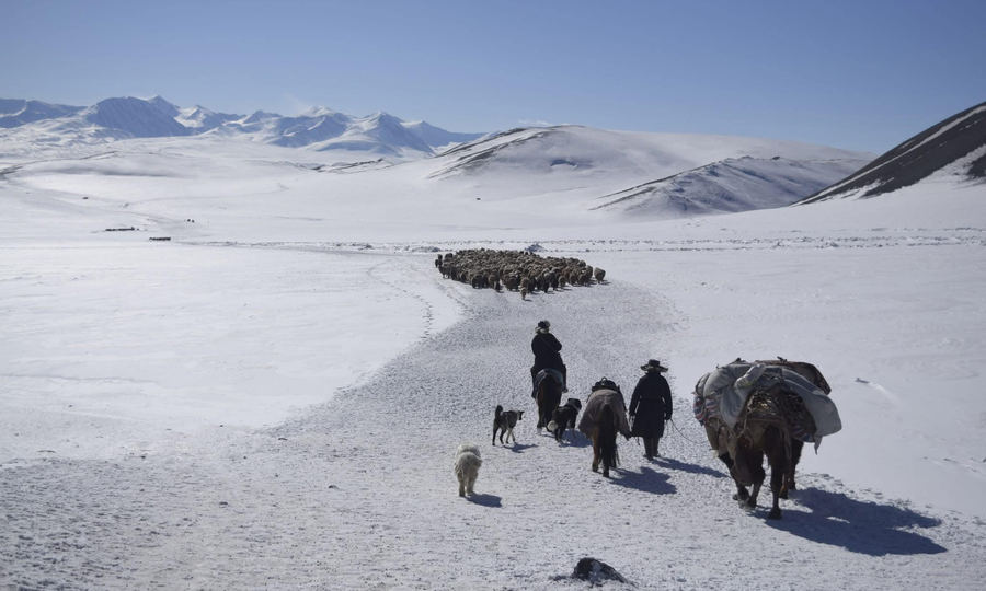 Kazakh nomads moving their herd across snow in the Altai Mountains in winter