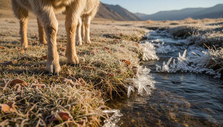 Close-up view of sheep and goat hooves crossing frosted grass beside a shallow stream