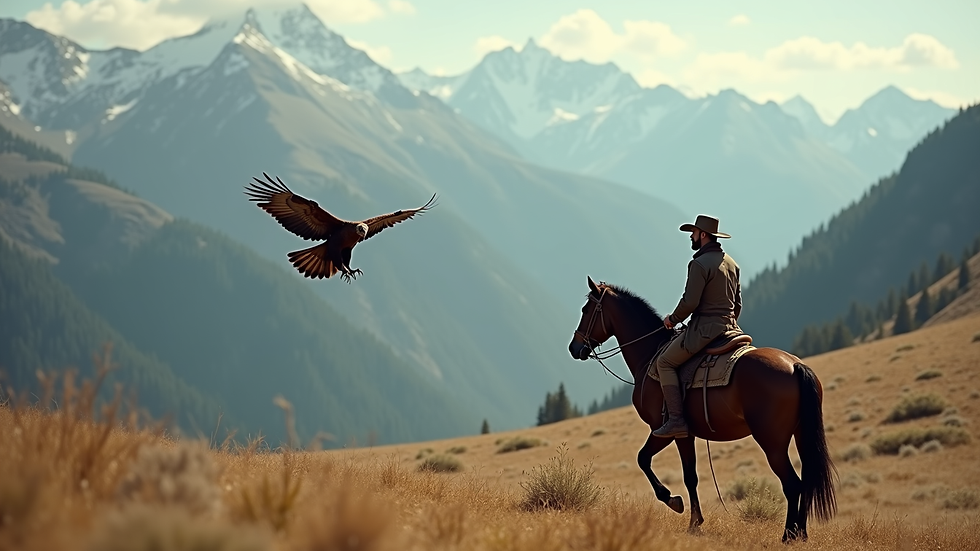 High angle view of eagle hunter on horseback in the mountains