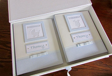Kit contendo 2 álbuns com folhas plásticas para 50 fotos 15 X 21 cada, nos temas nascimento e mesversário, e uma caixa tipo livro feita em cartonagem para os 2 álbuns. Cada folha tem capacidade para 2 fotos. Capas revestidas com tecido, com plaquinha com nome do bebê e moldura decorada com carrinho de bebê e body, ambos em tecido.
É possível fazer em outras cores e estampas, de acordo com a disponibilidade.
Frete não incluído.
Medidas dos álbuns: 24,0 x 19,0 x 3,5 cm (C x L x A)
Medidas da caixa: 42,0 x 26,5 x 6,0 cm (C x L x A)
Peso: 2.600g
Prazo de produção: 20 dias corridos
Valor: R$ 450,00