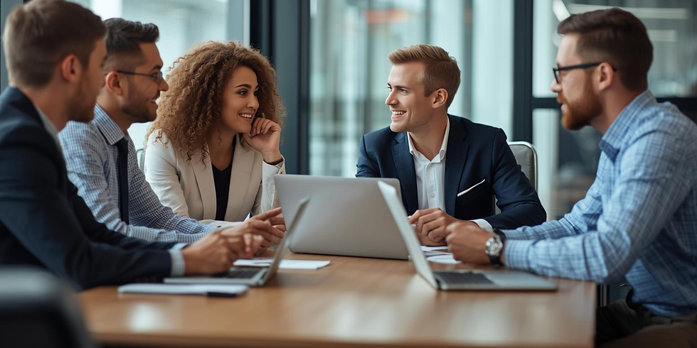 Grupo de profissionais em reunião corporativa ao redor de uma mesa, discutindo o alinhamento entre estratégia empresarial e comunicação, com notebooks abertos em um ambiente moderno e iluminado.