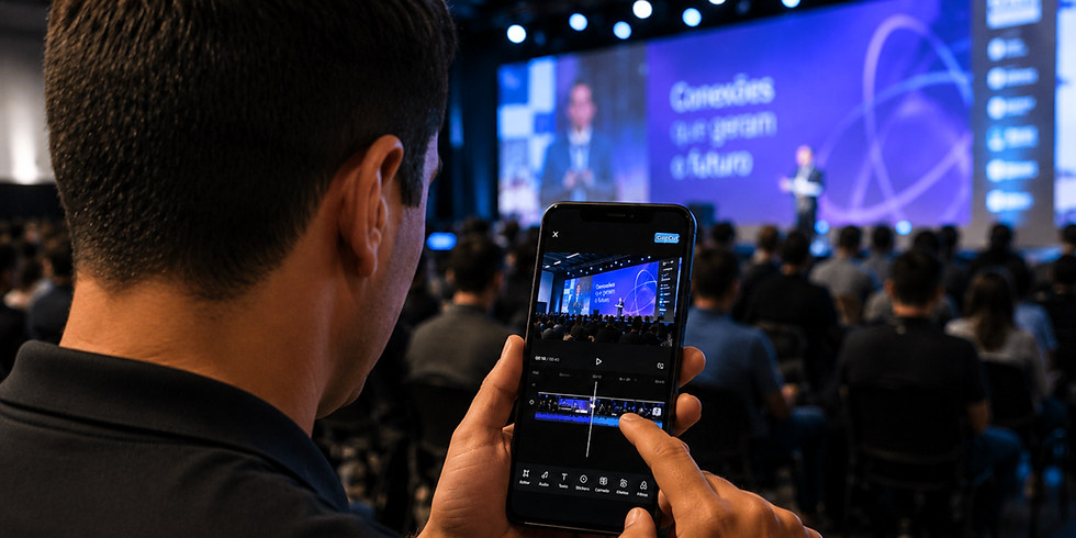 Profissional edita vídeos de um evento corporativo diretamente no celular enquanto a palestra acontece, representando a produção de conteúdo estratégico em tempo real para ações de Same Day.