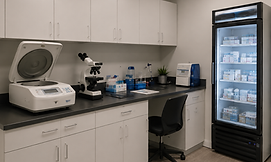Modern medical laboratory facility with centrifuge and microscope.
