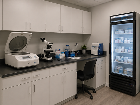 Modern clinical trial laboratory with centrifuge and fridge