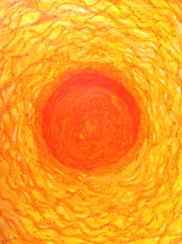 Oil pastel of orange and yellow sun.