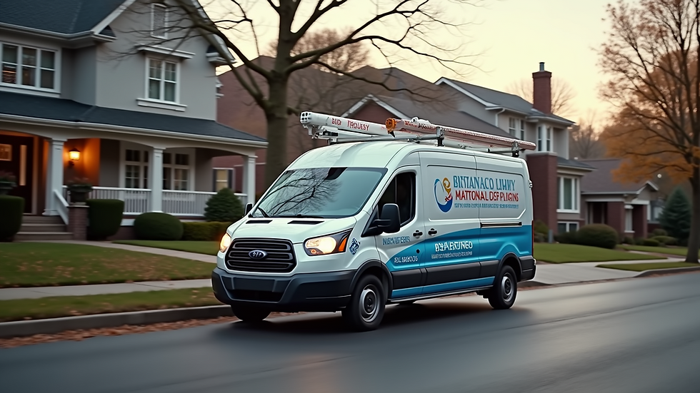 Eye-level view of a local plumbing van parked outside a residential home