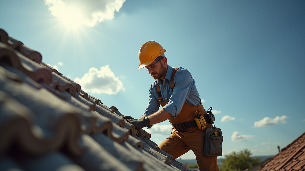 Eye-level view of a construction worker fixing a roof