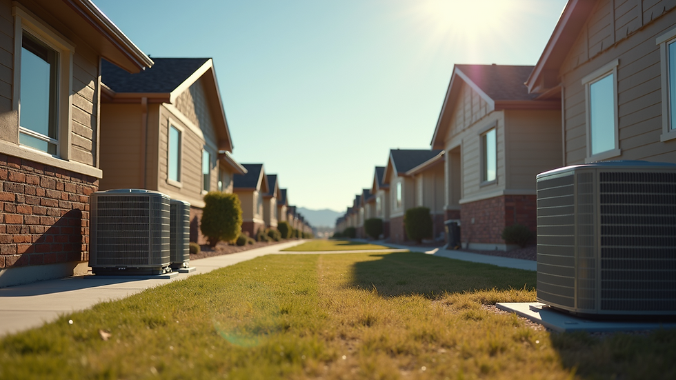 Eye-level view of a Castle Rock neighborhood with houses and HVAC units