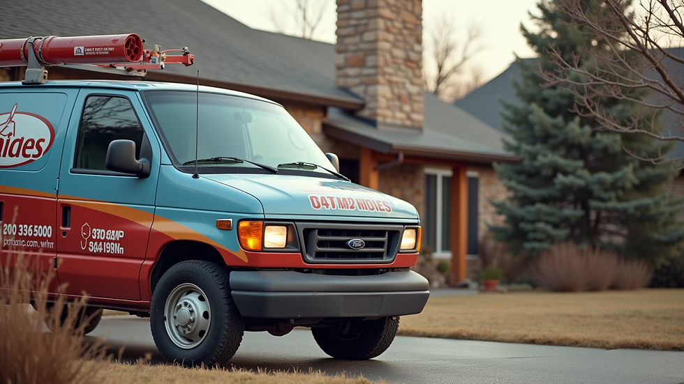 Close-up view of a plumber’s van parked outside a Colorado home