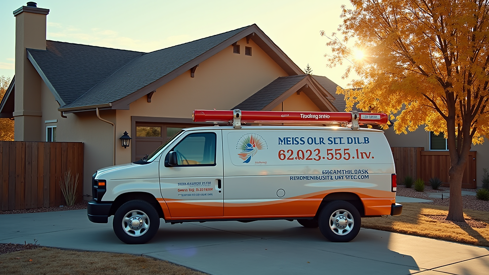High angle view of a plumbing van parked outside a Colorado home