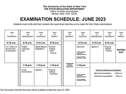 Regents Examination Schedules JUNE 2023