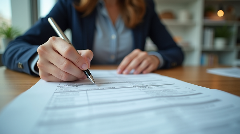 Eye-level view of a person filling out tax forms at a desk