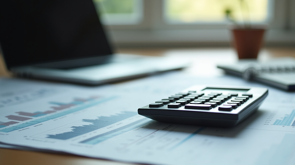 Eye-level view of a calculator and financial documents on a desk