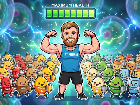 A jacked red-haired man in a blue tank top with "1ST PHORM" on the tank stands flexing and smiling surrounded by dozens of adorable cartoon vitamins and minerals with faces and shields, marching around him like a supportive army with a "MAXIMUM HEALTH" meter above him