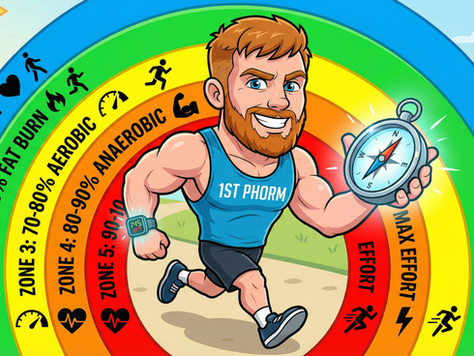 A muscular red haired and bearded man in a blue tank top with "1ST PHORM" across the chest is running confidently with a glowing compass, surrounded by five colorful zone rings with heart rate percentages and training purposes clearly labeled
