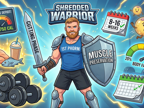 Animated cartoon of a muscular man holding a sword labeled 'CUTTING PHASE' in one hand and a shield labeled 'MUSCLE PRESERVATION' in the other, symbolizing a strategic approach to fat loss. Legion of Lawler.