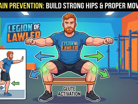 Fitness coach demonstrating perfect squat form with proper knee tracking and hip activation - preventing knee pain with strong glutes - Legion of Lawler training guide