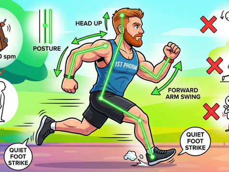 A muscular red-haired and bearded man in a blue tank top with "1ST PHORM" across the chest is running with perfect form highlighted by green alignment guides, showing proper posture, cadence, foot strike, and arm swing with educational icons 