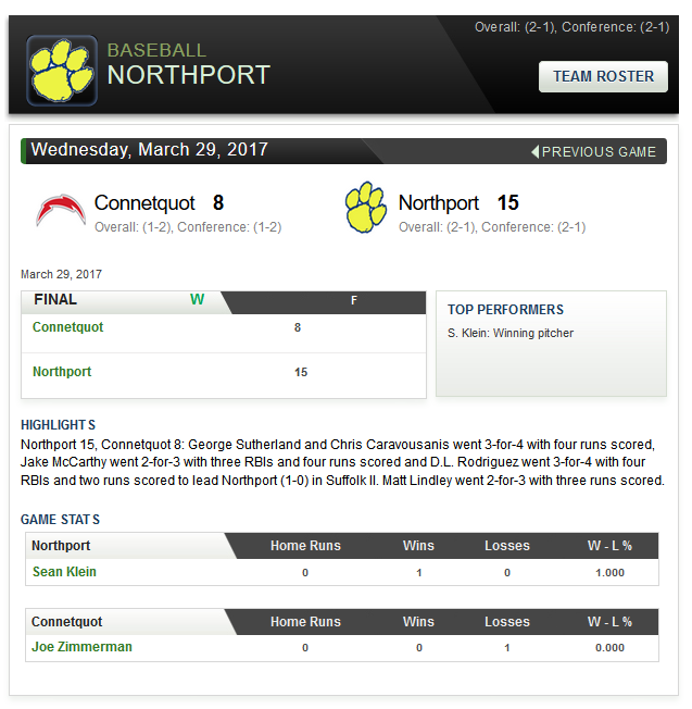 Opening Day Win over Connetquot
