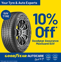 Goodyear Assurance MaxGuard SUV prresented with the text "10% Off Goodyear MaxGuard Range"