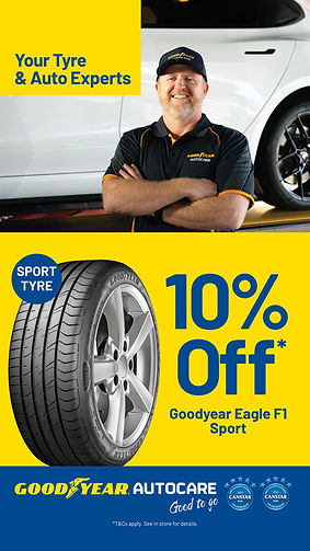 Goodyear Eagle F1 Sports car presented with the text "10% Off Goodyear Eagle F1 Sport"

Goodyear Autocare logo on the bottom