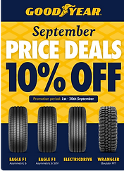 Goodyear September Price Deals flyer: 10% off Eagle F1 Asymmetric 6, Eagle F1 Asymmetric 6 SUV, ElectricDrive, and Wrangler Boulder MT tires. Promotion runs 1st–30th September, navy and yellow design with a diamond-pattern background and four tire images.