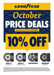 Goodyear October Price Deals flyer: 10% off Eagle F1 Asymmetric 6, Eagle F1 Asymmetric 6 SUV, ElectricDrive and Wrangler Boulder MT tyres, 1st to 31st October.