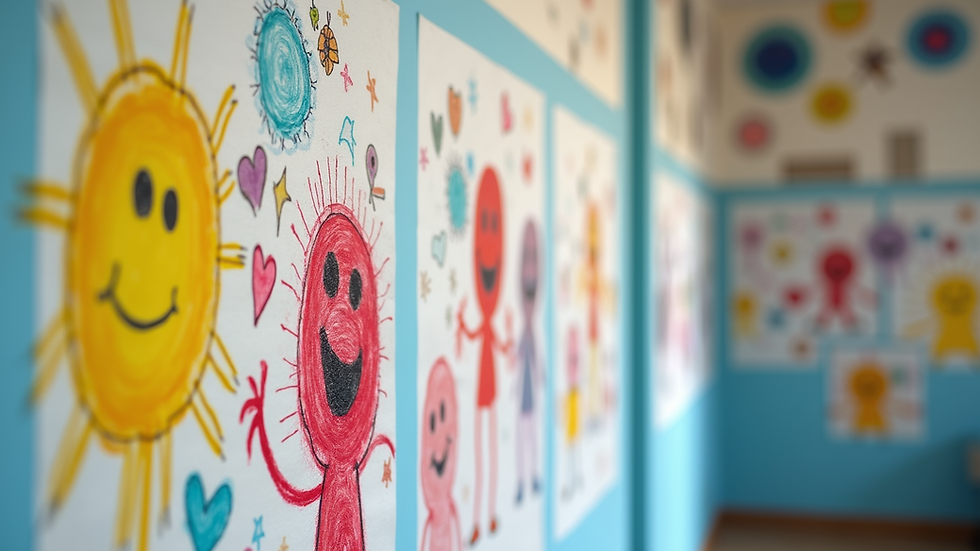 Close-up of colorful children's drawings on a wall