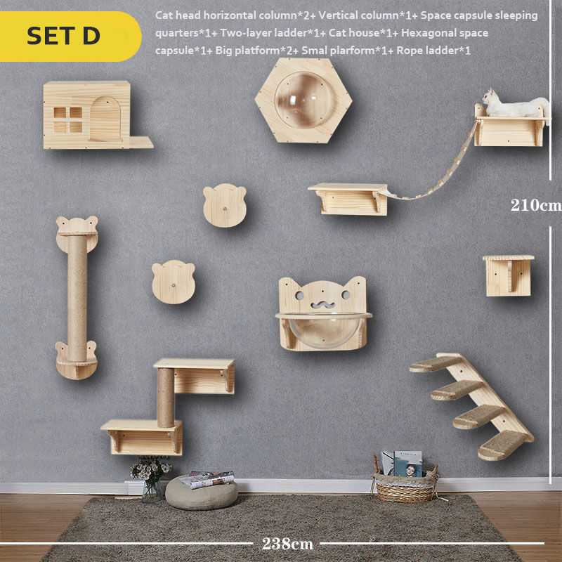 SET DIY Wall-Mounted Solid Wood Cat Climbing Frame Cat House Scratching Board 的副