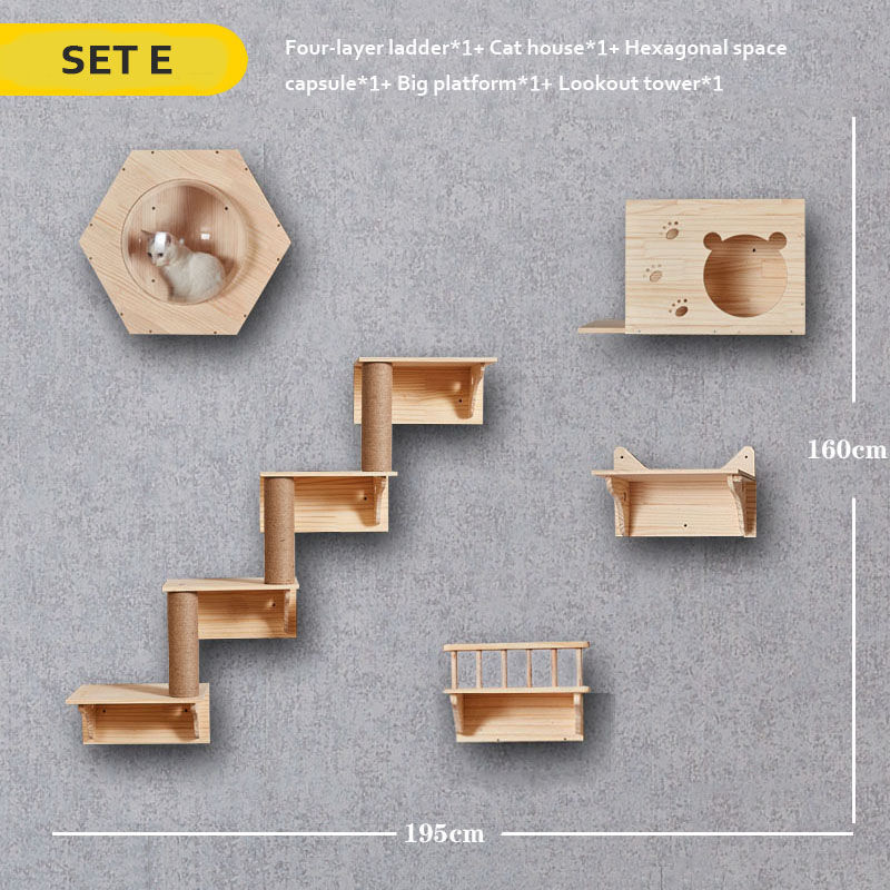 SET DIY Wall-Mounted Solid Wood Cat Climbing Frame Cat House Scratching Board 的副