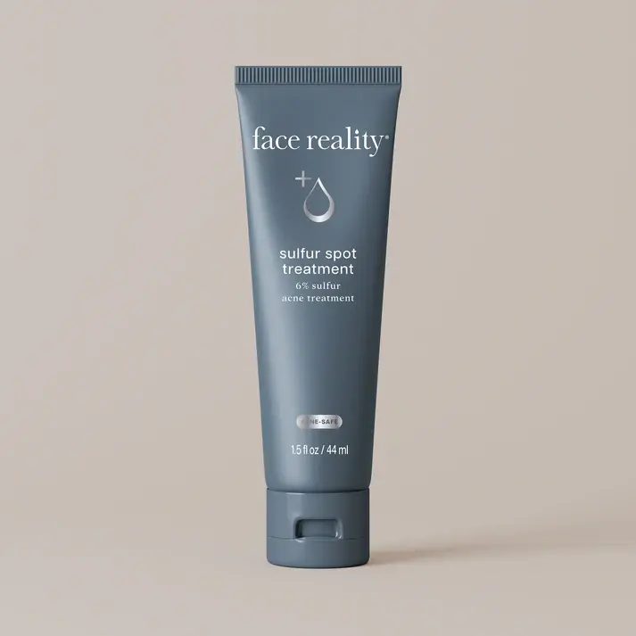 Face Reality Sulfur Spot Treatment in a grey squeeze tube for rapid reduction of inflamed pimples