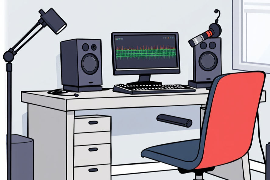 desk, chair, a chair mat, interface, wired headphones, mic, MIDI, logic pro.jpg